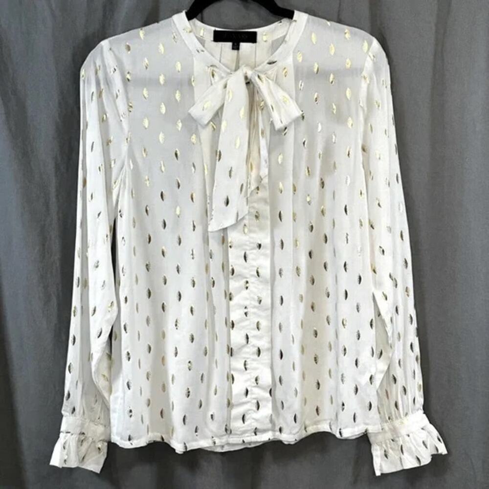 NWT Monarc Anthropologie Medium Creamy White & Gold Long Sleeve Blouse Bow Tie
